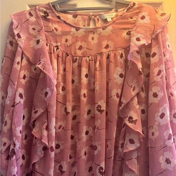 Lucky Brand Floral Pink Boho Ruffle Long Elastic Sleeves Blouse: Small - Picture 2 of 3